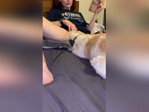 A scene of submission and domination between a woman and her dog