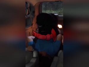 La salope baise avec son chien noir sur le pneu de sa voiture