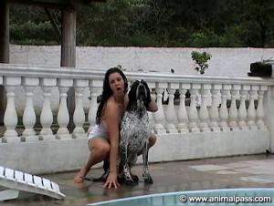 Horny Blonde Brunette Gets Screwed by Her Dog at the Swimming Pool