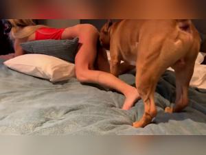 An intense zoophilia scene with Sonya and her canine friend