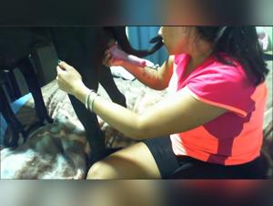 A horny dog and his female owner engaging in a blowjob for a moment of unforgettable pornographic content.