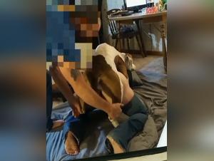 Hot chick gets banged by two guys and her dog in a hardcore scene